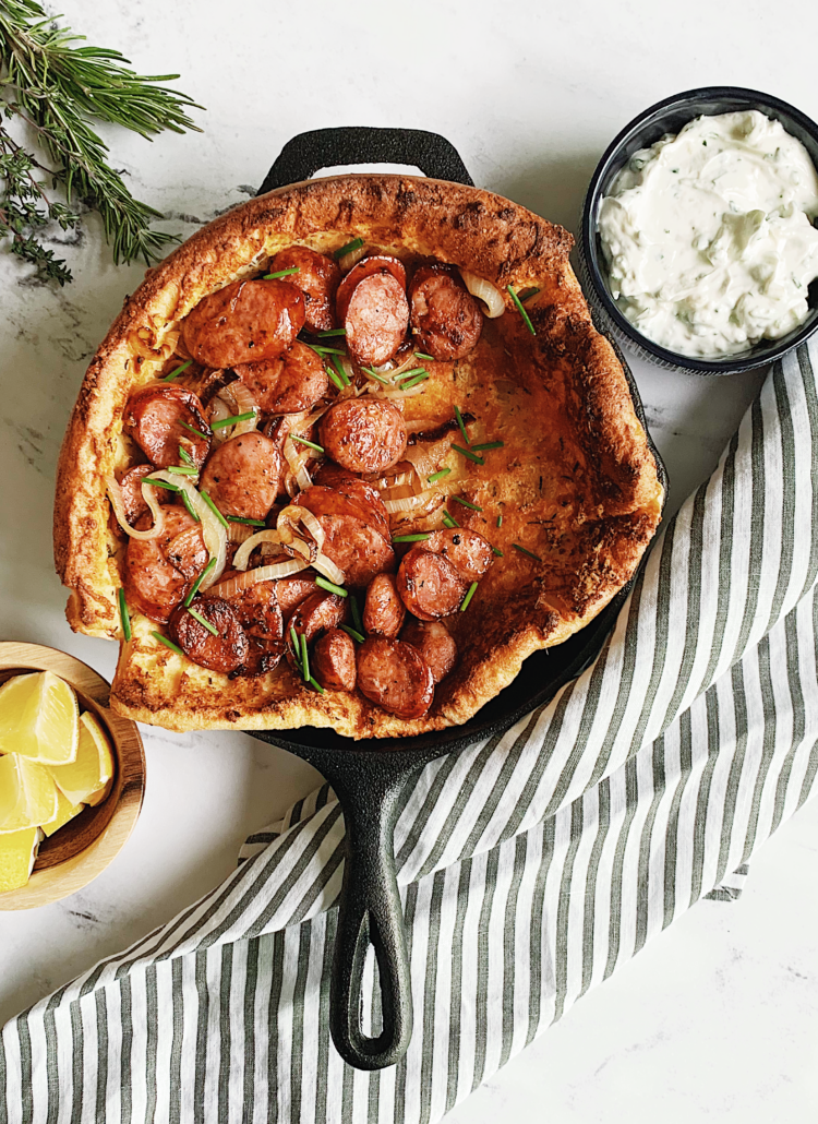 Parmesan Herb Dutch Baby with Sausage & Onions