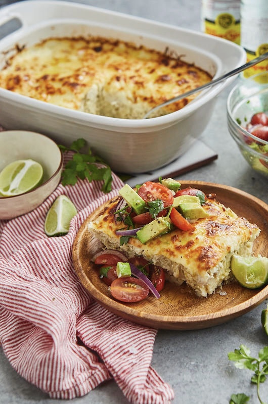 White Enchilada Casserole with Tomato Avocado Salad