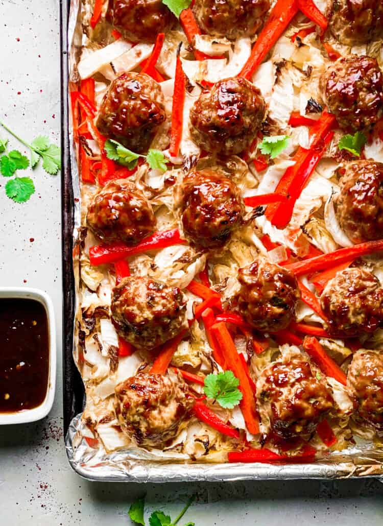 Sheet Pan Kimchi Chicken Meatballs with Roasted Vegetables
