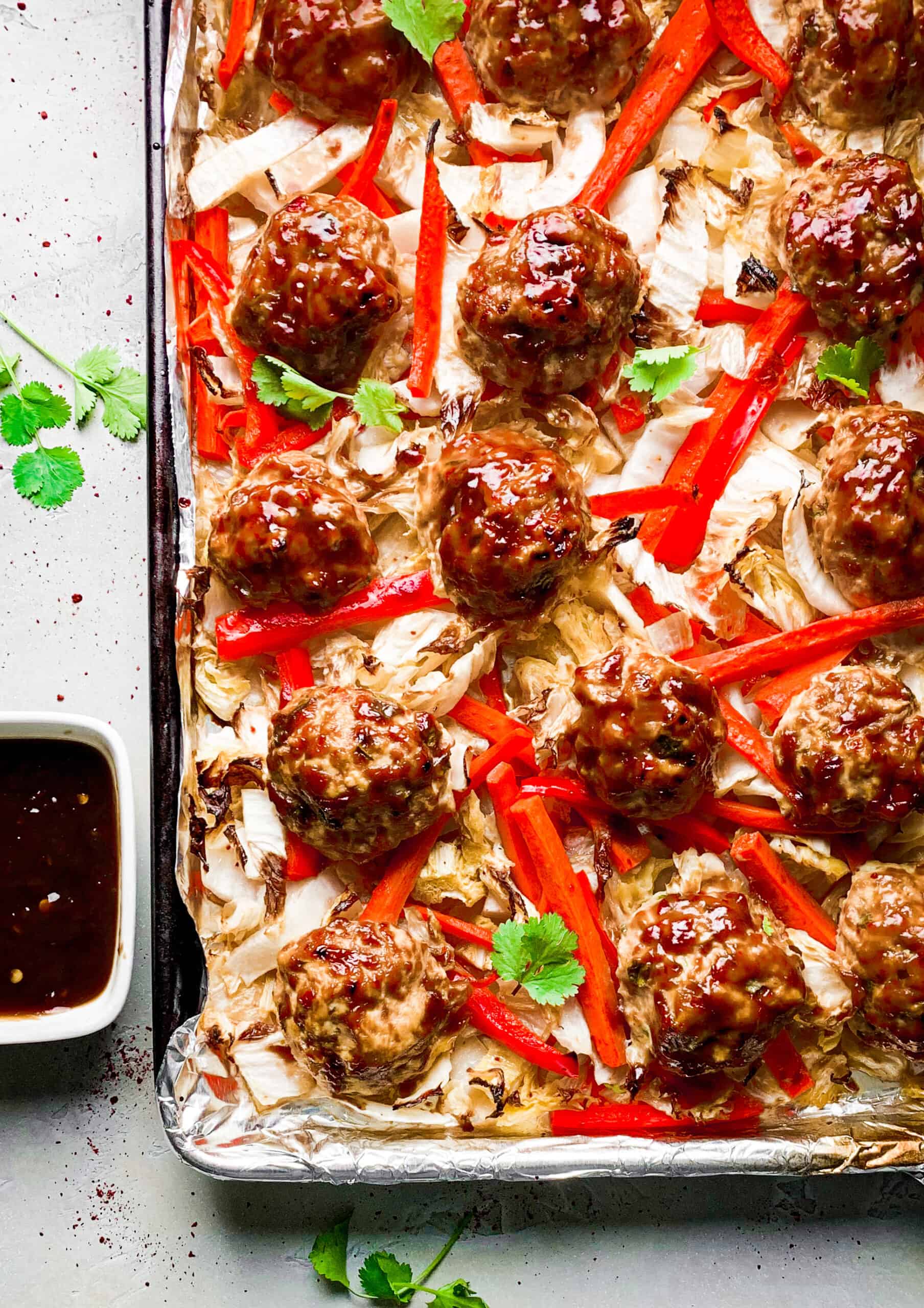 Sheet Pan Kimchi Chicken Meatballs with Roasted Vegetables