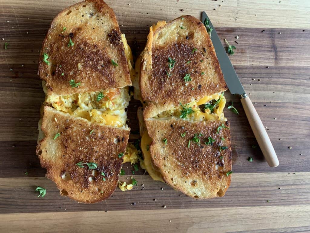 Cha Cha grilled cheese sandwich with melted cheese and tangy Southern chow chow relish on golden toasted bread