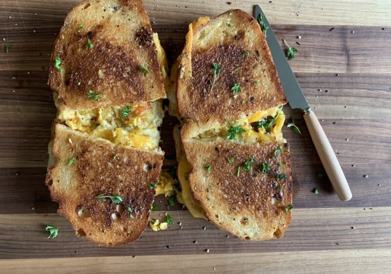 Cha Cha grilled cheese sandwich with melted cheese and tangy Southern chow chow relish on golden toasted bread